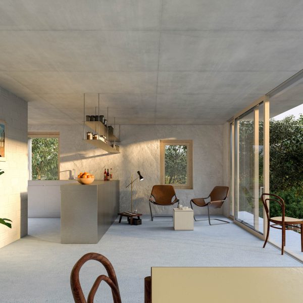 Projekt Huebstrasse Visualisierung Wohnraum und Küche Andreas Schneller Architektur